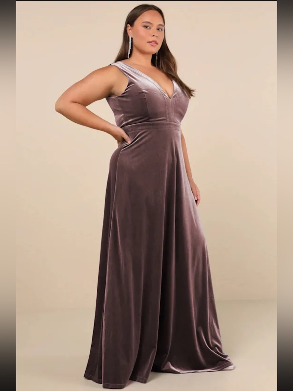 Velvet V-Neck Evening Gown in Mauve